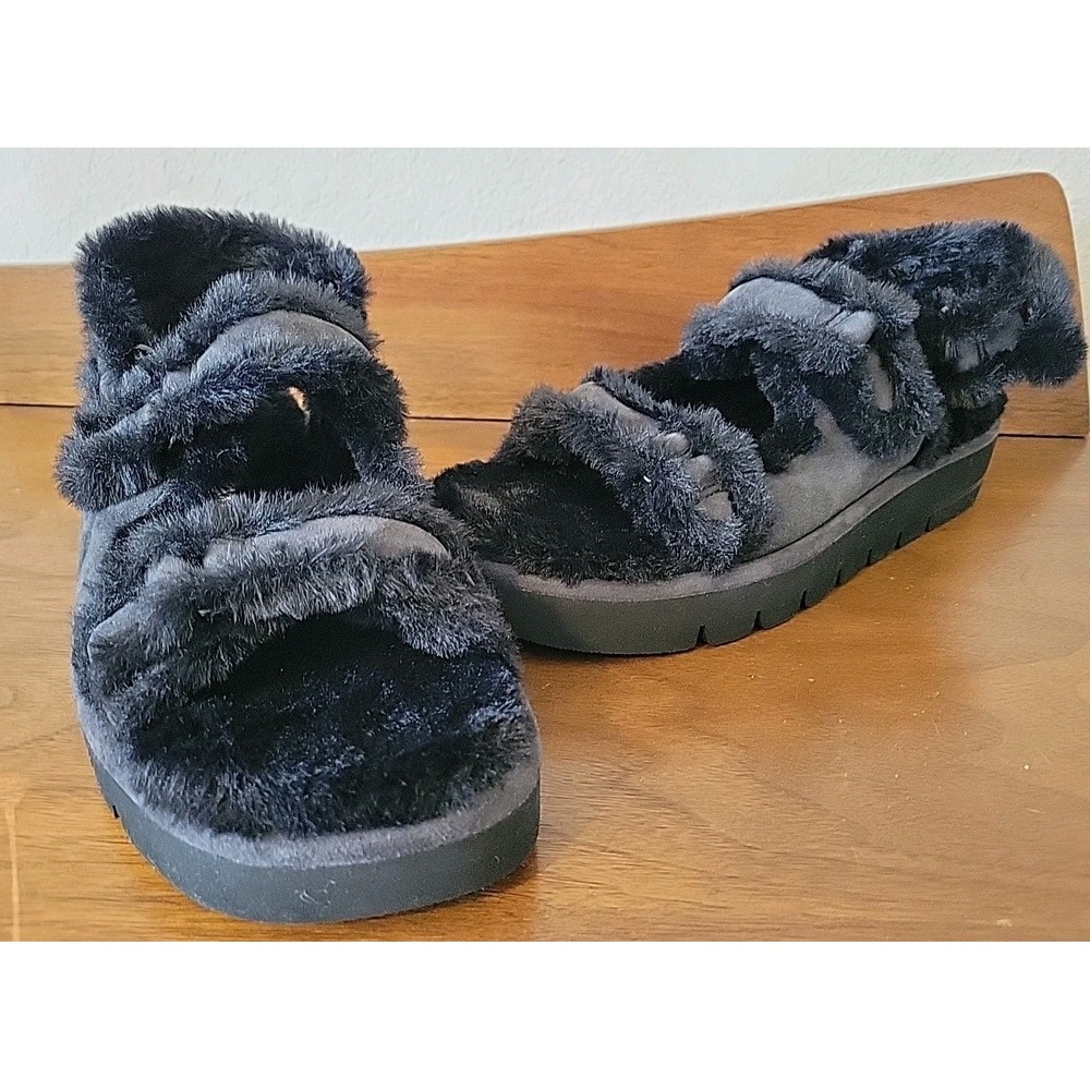 Stuart Weitzman Zoe Lift Chill Sandal Sz 8B Faux Fur Black Comfort Quite Luxury